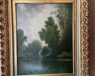 Oil Painting of Fishermen in a Boat. Measures 14” x 18” without Frame; 21” x 25” with Frame.