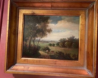 Landscape Oil Painting with Cows. Measures 7” x 9” without Frame; 12” x 14" with Frame.