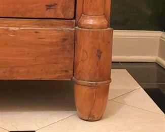 Antique English or French country marble top commode in honey finish with rare bullet feet & lion head pulls. Measures 51" W x 23"D x 35" H. Photo 3 of 4.