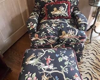 Club Chair & Ottoman Set Upholstered In Black Jungle Print Fabric with Contrast Pink Welting. Photo 1 of 3.