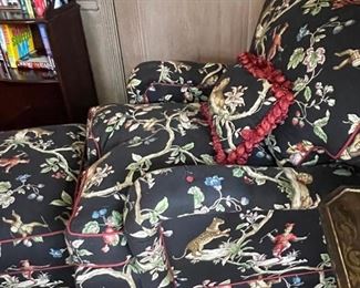 Club Chair & Ottoman Set Upholstered In Black Jungle Print Fabric with Contrast Pink Welting. Photo 3 of 3.