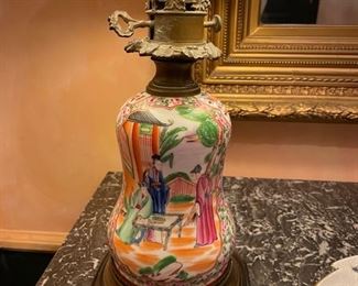 Rose Medallion Chinese Export Vase turned Lamp with Pleated Barrel Shade. Measures 19" H.