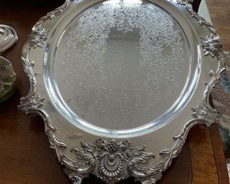 Old Sheffield Meat / Food Dome. English, Marked. Shown on Christopher Wren, Wallace 597F Silver-Plate Tray. Tray Measures 31.5" x 19" x 3" H. Photo 5 of 6.