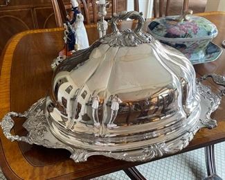 Old Sheffield Meat / Food Dome. English, Marked. Shown on Christopher Wren, Wallace 597F Silver-Plate Tray. Tray Measures 31.5" x 19" x 3" H. Photo 1 of 6.
