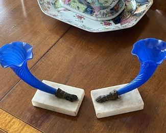 Pair of Antique Horn of Plenty Cornucopias - Blue Glass on Marble Stand.