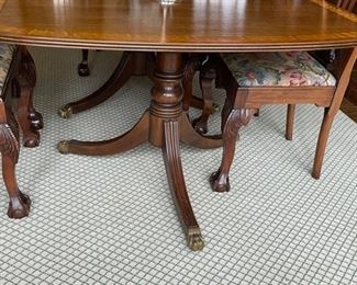 Henredon Double Pedestal Dining Table with Banded Inlaid Top. 68" L x 48" W x 29" H with 28' Clearance. Leaves available but still looking for them! Photo 4 of 5.