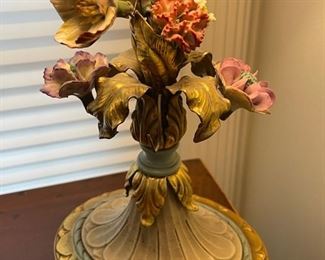 Pair of French Tole & Porcelain Candlestick Lamps. Photo 1 of 2.