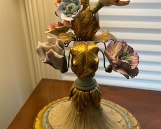 Pair of French Tole & Porcelain Candlestick Lamps. Photo 2 of 2.