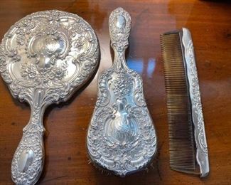 Sterling Mirror, Brush and Comb Set.