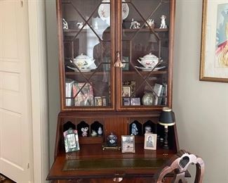 Federal Inlaid Mahogany, Leather-Topped Drop Front Secretary. Two Doors with Mullions Open to Three-Wood Shelves. Measures 85" H x 35" W x 18" D; 30" D with Desk.