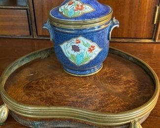 Antique Porcelain Inkwell with Brass Bound Burl Wood Base. Based Needs Re-Glueing to Frame.