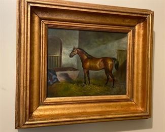 Horse in Stall Oil Painting. Measures 9.5" x 7.5" without Frame; 15" x 13" with Frame.