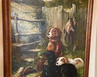 Oil Painting of Dogs After The Hunt. Signed by Artist. Measures 34” x 45" with Frame.
