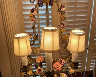 Pair of French Tole & Porcelain Boudoir Lamps. Photo 1 of 2.