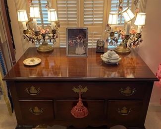 Pair of French Tole & Porcelain Boudoir Lamps. Photo 2 of 2.