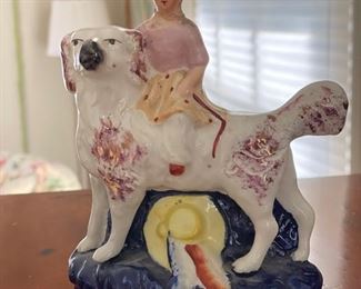 Pair of Antique Staffordshire Girl with Dog Figurines. Photo 1 of 2.