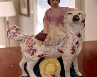 Pair of Antique Staffordshire Girl with Dog Figurines. Photo 2 of 2.