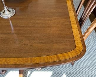Henredon Double Pedestal Dining Table with Banded Inlaid Top. 68" L x 48" W x 29" H with 28' Clearance. Leaves available but still looking for them! Photo 2 of 5.