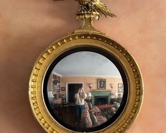 White-House Worthy Antique Convex Federal Style Mirror with Gold Gilding and Original Convex Mirror. Great Condition. Measures 46" x 30."