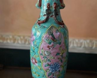 Pair of Early 1800s Vases with Rose, Peony, Lizard and Caterpillar Adornments. Both Turned into Lamps. Can use as Lamps or Vases. Photo 2 of 3.