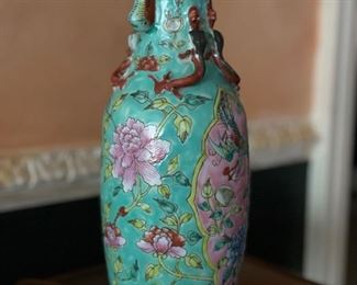Pair of Early 1800s Vases with Rose, Peony, Lizard and Caterpillar Adornments. Both Turned into Lamps. Can use as Lamps or Vases. Photo 3 of 3.