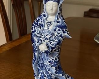 Antique Chinese Blue & White Porcelain Figurine of Woman. Measures 10” H. Photo 1 of 3.