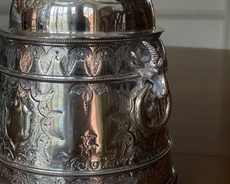 Antique English Biscuit Jar. Silver-Plate with Lilly Pad Engraving. Measures 9” H. Photo 3 of 5.