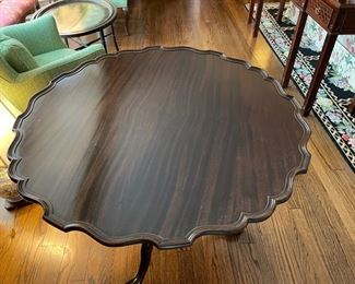George II Mahogany Pie Crust, Tilt-Top Tea Table with Revolving Birdcage and Baluster Support and Three Cabriole Legs. Measures 34" D x 29" H. Photo 2 of 4.