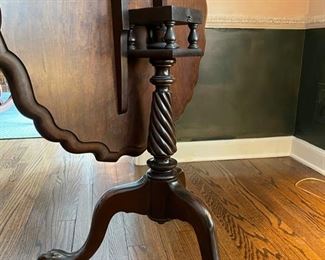 George II Mahogany Pie Crust, Tilt-Top Tea Table with Revolving Birdcage and Baluster Support and Three Cabriole Legs. Measures 34" D x 29" H. Photo 3 of 4.