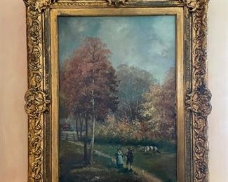 Oil Painting of Figures and Cows in Pasture. Signed by Artist. Photo 1 of 2.