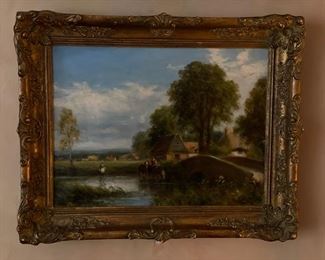 Landscape Oil Painting with River, Figures and Cottage. Signed by Artist. Measures 11” x 15” without Frame; 16" x 20” with Frame. Photo 1 of 2.