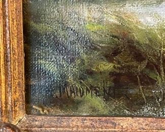 Landscape Oil Painting with River, Figures and Cottage. Signed by Artist. Measures 11” x 15” without Frame; 16" x 20” with Frame. Photo 2 of 2.