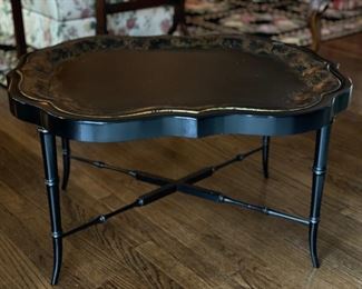 Ebony Metal Tray Table Scallop Edge, Gilt Stenciling and Faux Bamboo Legs. Measures 33" x 26" x 18" H. Photo 1 of 3.