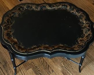 Ebony Tray Table Scallop Edge, Gilt Stenciling and Faux Bamboo Legs. Measures 33" x 26" x 18" H. Photo 2 of 3.