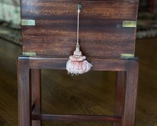 Antique Tea Box on Stand with Brass Trim. Box Measures 13" W x 9" D x 7.5" H. With Stand: 20" H. Photo 1 of 3.