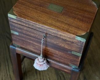 Antique Tea Box on Stand with Brass Trim. Box Measures 13" W x 9" D x 7.5" H. With Stand: 20" H. Photo 2 of 3.