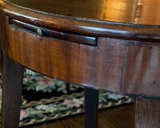 Antique Hand-Carved Hepplewhite Side Table with Hidden Candle Tray & Original Brass Knob. Measures 14" x 11" x 27" H. Photo 3 of 4.