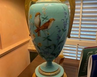 Tiffany Blue-Colored Vase with High-Quality, Hand-Painted Botanicals. Turned into Lamp. Measures 15" H; 30" H with Shade. Photo 2 of 4.