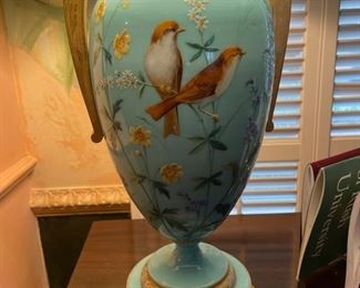 Tiffany Blue-Colored Vase with High-Quality, Hand-Painted Botanicals. Turned into Lamp. Measures 15" H; 30" H with Shade. Photo 3 of 4.