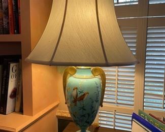 Tiffany Blue-Colored Vase with High-Quality, Hand-Painted Botanicals. Turned into Lamp. Measures 15" H; 30" H with Shade. Photo 1 of 4.