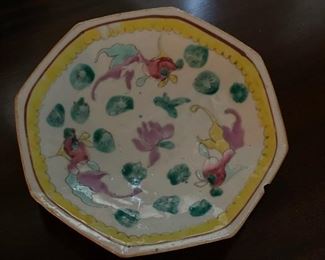 Antique Chinese Plate with Slight Chip - Koi with Lily Pads & Lotus Flower Decor. 18th Century. Measures 4" D. Photo 1 of 3.