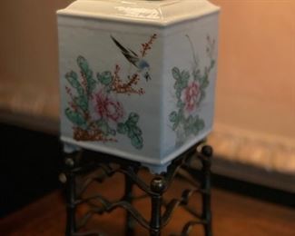 Antique Tea Jar Turned into Lamp. On Pagoda-Style Metal Base. Photo 2 of 2.