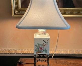 Antique Tea Jar Turned into Lamp. On Pagoda-Style Metal Base. Photo 1 of 2.