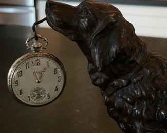 Bronzed Resin Retriever Holding a Clock. Photo 2 of 2.