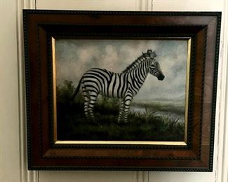 Pair of Zebra Oil Paintings Signed by Artist. Measures 7" x 9" without Frame. Photo 2 of 3.