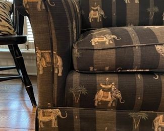 Loveseat Upholstered in Elephant Grey & Black Stripe Fabric. Measures 72" W x 34" D. Photo 2 of 3.