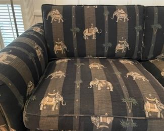 Loveseat Upholstered in Elephant Grey & Black Stripe Fabric. Measures 72" W x 34" D. Photo 3 of 3.