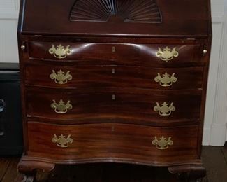 Antique Chippendale-Style Front-Hall, Slant-Front Drop Leaf Desk with Four Serpentine Drawers. Photo 1 of 3.