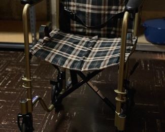 Vintage Brass Transporter-Style Wheelchair with Plaid Seat & Back.