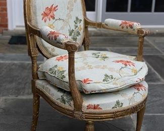 Pair of Antique Gilded Fauteuils with Floral Upholstered Down-Filled Cushions. Photo 2 of 7.